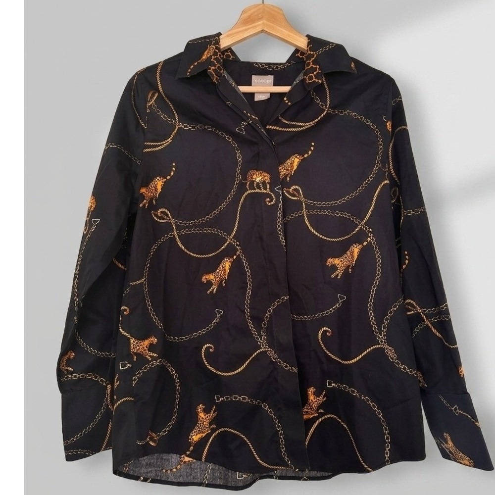 Chico's No Iron Black Gold Chain Leopard Print Button Down Shirt Blouse Size 8